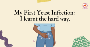An image of a black woman (no face) wearing a blue trouser, covering her vagina area with her hand (to depict the presence of yeast infection).