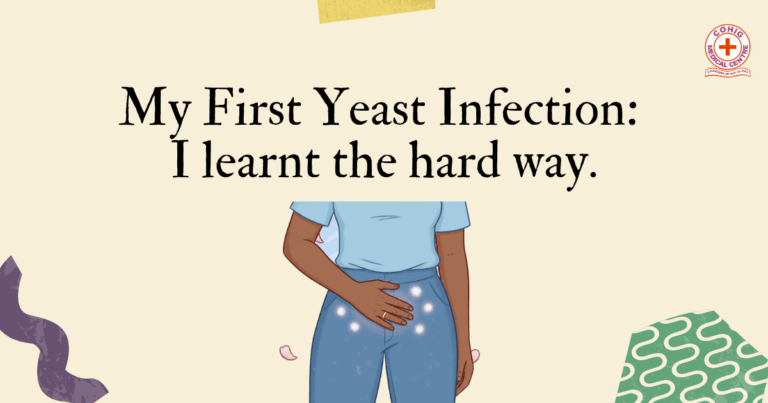 An image of a black woman (no face) wearing a blue trouser, covering her vagina area with her hand (to depict the presence of yeast infection).