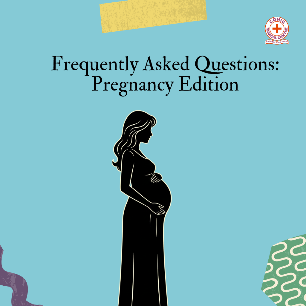 A graphic with a teal/blue background and decorative green, yellow, and purple patterns. In the center, a black silhouette of a pregnant woman in a long dress is shown holding her belly. The text above the silhouette reads: "Frequently Asked Questions: Pregnancy Edition." In the top right corner, there is a circular red and white logo for "COHIG Medical Center