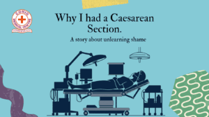 Educational banner titled "Why I had a Caesarean Section. A story about unlearning shame" featuring the COHIG Medical Centre logo and a dark blue silhouette illustration of a patient lying on an operating table surrounded by surgical equipment.