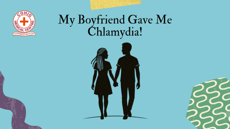 Educational poster from COHIG Medical Centre titled "My Boyfriend Gave Me Chlamydia!", featuring a silhouette illustration of a couple holding hands against a blue background with patterned corner decorations.